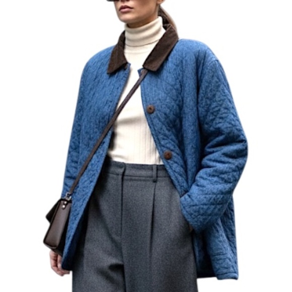 VTG quilted blue denim boxy oversize cord collar jean barn jacket chore jacket M - Picture 4 of 14